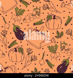 Motif vectoriel sans couture avec légumes dessinés à la main sur fond jaune. Papier peint à motif croquis de jardin d'été simple. Illustration de Vecteur