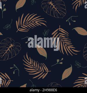 Motif vectoriel sans couture avec feuilles tropicales sur fond bleu foncé. Papier peint jungle décoratif simple. Hawaii textile de mode. Illustration de Vecteur