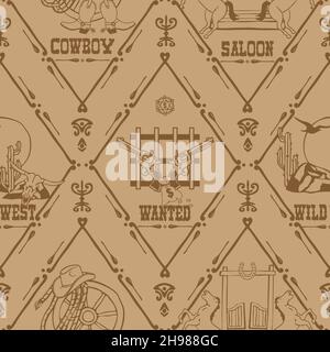 Motif vectoriel sans couture avec symboles de l'ouest sauvage sur fond blanc cassé. Papier peint style WESTERN Texas vintage. Affiche décorative textile de mode. Illustration de Vecteur