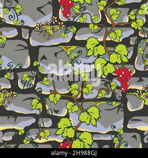 Motif vectoriel sans couture avec paroi en pierre et plante grimpante sur fond gris clair. Décor de style de papier peint mural de château pour la décoration de la maison. Illustration de Vecteur