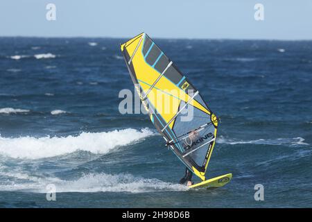 les résidents se précipitent sur les plages pour participer à leur passe-temps de planche à voile, ils connaissent les meilleurs vents et s'amusent fantastique dans le surf. Banque D'Images