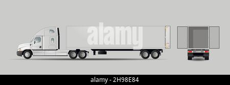 Camion américain moderne avec portes de remorque ouvertes.Vues latérale et arrière.Camionnette de livraison isolée.Illustration vectorielle plate. Illustration de Vecteur