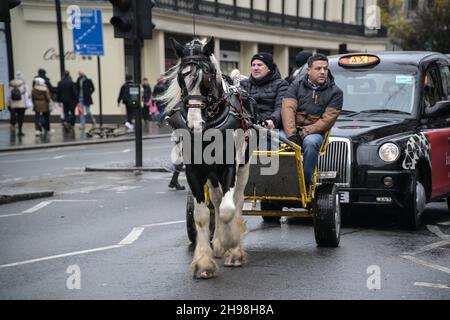 Un groupe de promenades en calèche passant par la gare de Charing Cross.Les militants des droits des animaux criont qu'il s'agit d'une cruauté envers les animaux le 5 décembre 2021, Londres, Royaume-Uni. Banque D'Images