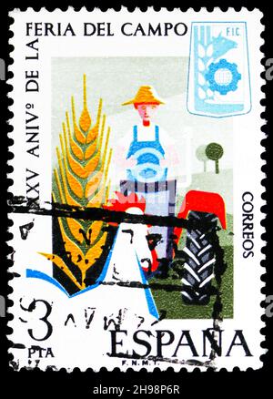 MOSCOU, RUSSIE - 7 NOVEMBRE 2021 : timbre-poste imprimé en Espagne consacré au 25e anniversaire, Foire de Madrid, vers 1975 Banque D'Images