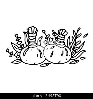 Balles de massage aux herbes dans le style contour.Balles de compression à base de plantes vectorielles pour le massage corporel.LOGO DU MASSAGE SPA Illustration dans une humeur noire et blanche dessinée à la main Illustration de Vecteur