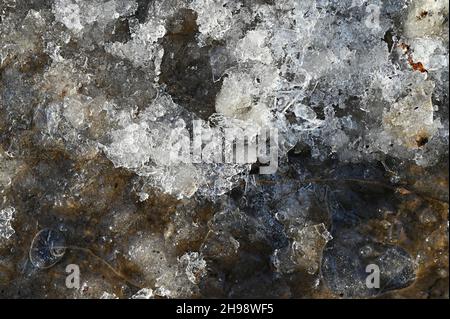 Gros plan de glace sur un ruisseau. Fond naturel d'hiver. Banque D'Images