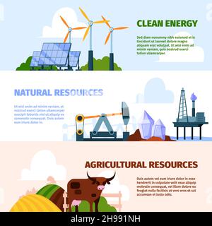 Bannières de ressources naturelles.Environnement respectueux de l'environnement avec ressources naturelles pétrole eau énergie centrale gaz et eau minéraux garish vecteur modèle Illustration de Vecteur