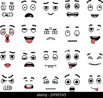 Expressions de dessin animé.Visage de caractère exprimant, bouches et yeux.Émotions diverses, amusement isolé, sérieux, wencrage comic décent vecteur icônes Illustration de Vecteur