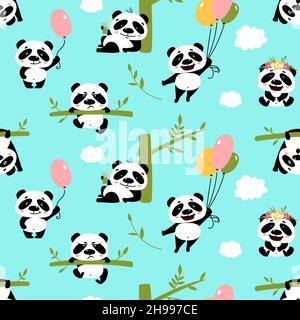 Joli motif panda sans coutures.Fond d'écran kawaii pandas, papier peint abstrait pour enfants.Ours asiatique en bambou, motif animal puéril, imprimé vectoriel élégant Illustration de Vecteur