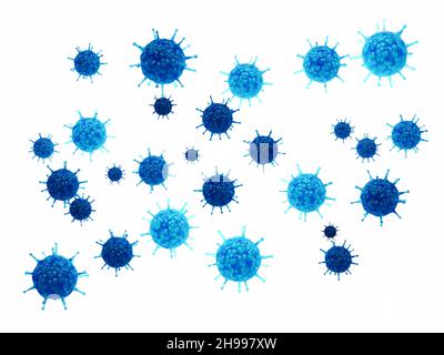Les virus sont des agents pathogènes infectieux qui se reproduisent dans les cellules vivantes.Virus bleus isolés sur fond blanc. Banque D'Images