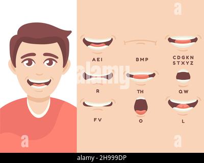 Synchronisation de la bouche mâle.Lèvres de personnage de dessin animé, lèvre d'expression de parole, prononciation anglaise, visage heureux, sourire de parole,définir l'illustration vectorielle correcte.Expression d'animation parole de bouche, caractère de sourire Illustration de Vecteur