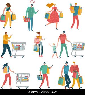 Les gens du shopping sont à l'hôtel.Homme femme boutique famille panier consommer style de vie vente au détail magasin shopaholic femelle shopping centre commercial Illustration de Vecteur