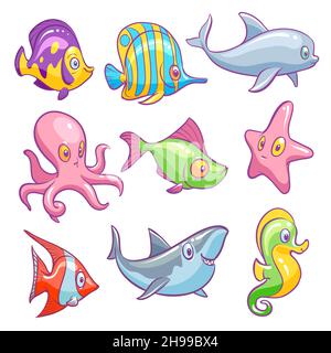 Animaux sous-marins.Mignon mer poissons tropicaux drôle océan sous-marin animal enfants vecteur ensemble isolé Illustration de Vecteur
