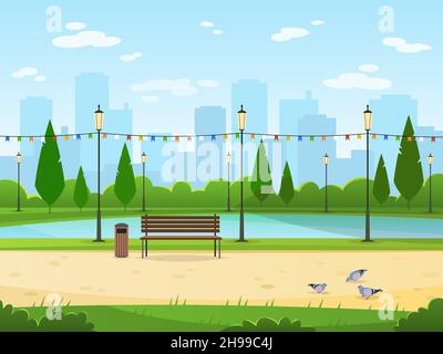 Parc de la ville.Jardin public nature parc urbain détente paysages loisirs extérieur en bois vert paysage urbain illustration de dessin animé Illustration de Vecteur