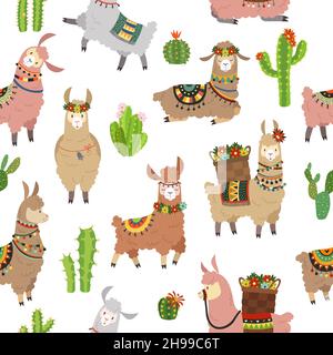 Motif Llama sans coutures.Bébé lamas mignon alpaga et cactus sauvage lama.Pérou chameau, fille papier peint vecteur de texture animale Illustration de Vecteur