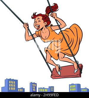 une jeune femme sur une balançoire, rire et s'amuser, volant au-dessus de la ville Illustration de Vecteur