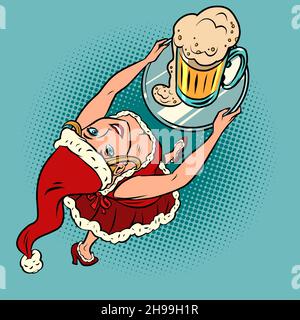 Serveur du père noël souriant avec une tasse de bière, bar de Noël restaurant pub Illustration de Vecteur