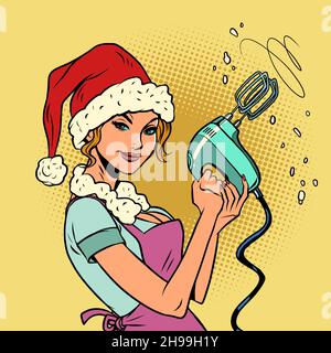 Une femme du Père Noël avec un batteur à main, une femme au foyer dans la cuisine est engagée dans la cuisine de Noël Illustration de Vecteur