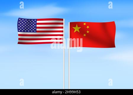 Les États-Unis et le drapeau chinois agitant le ciel dans la direction opposée Banque D'Images