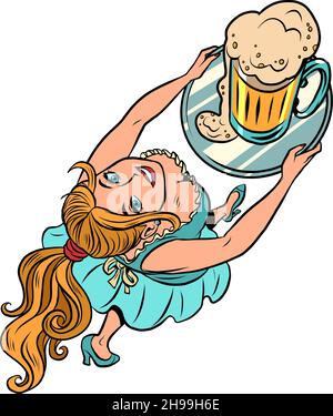 serveur femme souriant avec une tasse de bière, oktoberfest, bar restaurant pub Illustration de Vecteur