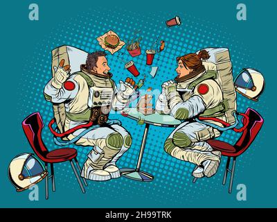 Un couple homme-femme d'astronautes est présent au restaurant fast-food Illustration de Vecteur