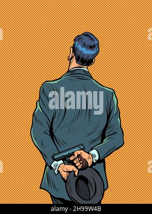 Agent secret homme avec un fusil, rétro gentleman undercover cop.Espion ou scout Illustration de Vecteur