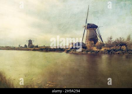 Moulin à vent néerlandais en hollande, Kinderdijk.Peinture de texture multicolore Banque D'Images