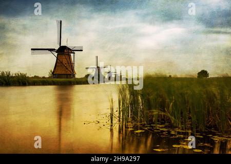 Moulins à vent de Hollande, Kinderdijk.Peinture de texture multicolore Banque D'Images