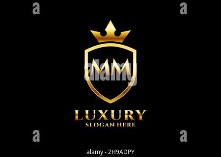 MM élégant logo de luxe ou modèle de badge avec rouleaux et couronne royale - parfait pour les projets de marque de luxe Illustration de Vecteur