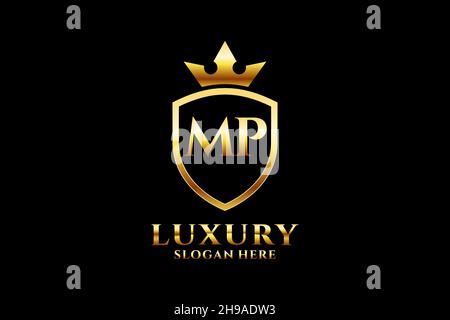 MP élégant logo de luxe ou modèle de badge avec rouleaux et couronne royale - parfait pour les projets de marque de luxe Illustration de Vecteur