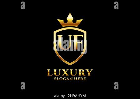 Modèle élégant de monogramme ou de badge de luxe UF avec rouleaux et couronne royale - parfait pour les projets de marque de luxe Illustration de Vecteur