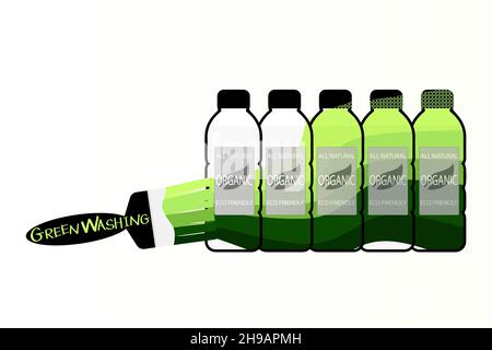 étiquettes de produits de nettoyage écologiques pour donner des informations environnementales trompeuses, cinq bouteilles en plastique lavées en vert pour paraître écologiques. Banque D'Images