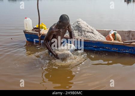 Ouvrier récoltant du sel sur le lac Retba (lac Pink), site classé au patrimoine mondial de l'UNESCO, péninsule du Cap Vert, Sénégal Banque D'Images