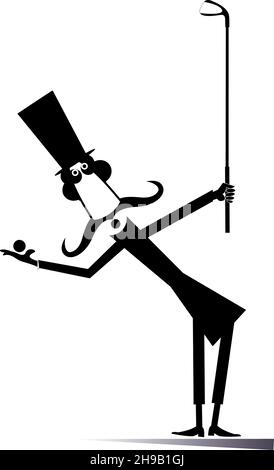 Un homme drôle de moustache longue joue l'illustration du golf.Dessin animé long moustache gentleman dans le chapeau supérieur tient un club de golf et le ballon noir sur blanc Illustration de Vecteur