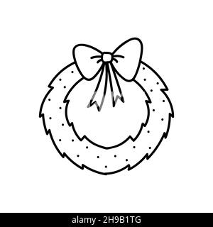 Jolie couronne de Noël ornée d'un noeud isolé sur fond blanc.Illustration vectorielle dessinée à la main, style doodle.Parfait pour les modèles de vacances Illustration de Vecteur