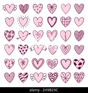 Ensemble de jolis coeurs en forme de doodle pour la Saint-Valentin, isolés sur fond blanc.Illustration vectorielle dessinée à la main.Parfait pour les motifs de vacances, les cartes, les invitations, les décorations.Collection romantique de clipart. Illustration de Vecteur