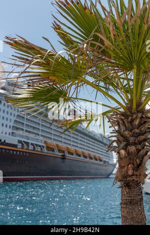 Nassau, Bahamas - 14 mai 2019 : bateau de croisière Disney Dream amarré à Prince George Wharf.Palmier et eau turquoise au premier plan.Ciel bleu en t Banque D'Images