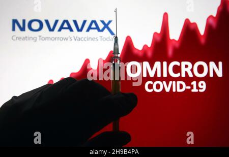 Ukraine.05e décembre 2021.Dans cette illustration, une seringue médicale est visible devant le logo de Novamax et les mots Omicron COVID-19 en arrière-plan.OMICRON (B.1.1.529) : la variante du SRAS-COV-2 continue de se propager dans le monde entier.Crédit : SOPA Images Limited/Alamy Live News Banque D'Images