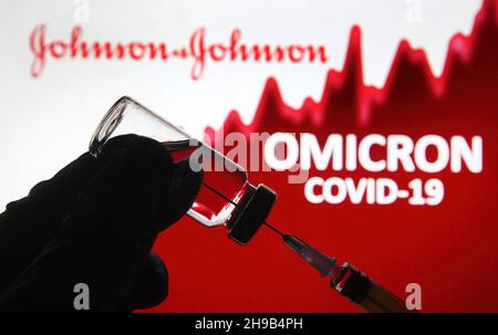 Ukraine.05e décembre 2021.Dans cette illustration, une seringue médicale et un flacon sont visibles devant le logo Johnson & Johnson (J&J) et des mots Omicron COVID-19 en arrière-plan.OMICRON (B.1.1.529) : la variante du SRAS-COV-2 continue de se propager dans le monde entier.Crédit : SOPA Images Limited/Alamy Live News Banque D'Images