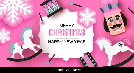 Casse-noisette à sucre rose, tambour, chevaux à bascule.Joyeux Noël.Bonne figurine du nouvel an.Fête de ballet de décembre.Jouets vintage style artisanal en papier.Gagnez Illustration de Vecteur
