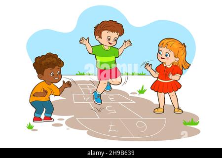 Deux garçons et une fille sautent tout en jouant au hopscotch.Illustration vectorielle de style dessin animé, dessin au trait noir et blanc Illustration de Vecteur