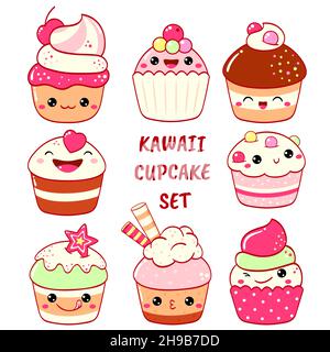 Ensemble de jolies icônes sucrées dans le style kawaii avec visage souriant et joues roses pour un joli motif.Gâteau, muffin, cupcake.Illustration vectorielle EPS8 Illustration de Vecteur