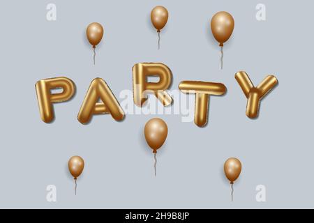 fête écrite avec ballons dorés. lettres de fête ballons dorés, fond typographique de fête avec ballons décoratifs. motif vectoriel Illustration de Vecteur