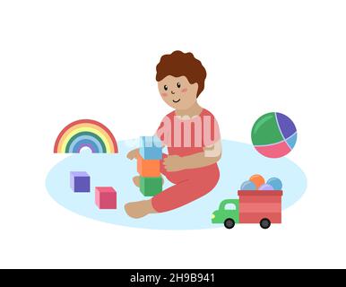 Jouets de jeu de bébé isolés.Un enfant heureux avec des cubes, une voiture, un ballon et d'autres jouets colorés.Illustration vectorielle plate. Illustration de Vecteur