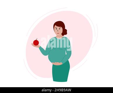 Femme enceinte tenant la pomme à la main.Grossesse concept de nutrition saine.La femme se tient, sourit et touche le ventre.Illustration vectorielle plate. Illustration de Vecteur