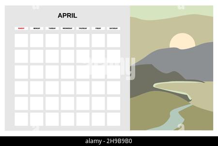 Calendrier avril mois de printemps.Minimum abstrait paysage contemporain fond naturel.Modèle mensuel pour les activités de journal.Vecteur isolé Illustration de Vecteur