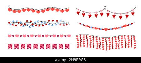 Guirlande de Saint-Valentin.Décorations de coeur suspendues isolées.Lumières et drapeaux de Saint-Valentin.Collection de guirlandes planes Vector. Illustration de Vecteur