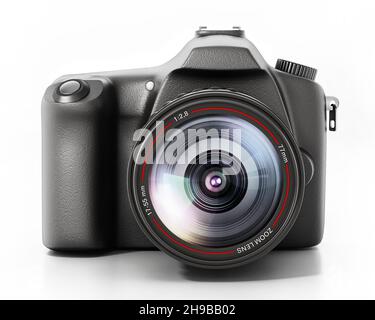 Appareil photo reflex numérique professionnel isolé sur fond blanc.Illustration 3D. Banque D'Images