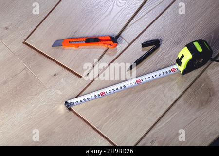 Installation de revêtements de sol stratifiés dans une salle ou un bureau.Parquet et outils.Travaux de construction et de décoration pour la finition de logements.Photo de haute qualité Banque D'Images