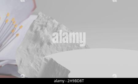 présentation de produits sur un podium en pierre blanche avec un fond floral hors du foyer.3d rendu. Banque D'Images